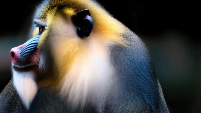 a mandrill monkey with vibrant facial colors, showing intense yellow eyes and detailed fur texture. The dark background highlights the striking patterns of nature&rsquo;s most colorful primate