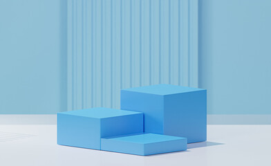 3d rendered 3 cube with Bleu De France color, white base color, and stripped light blue sky background