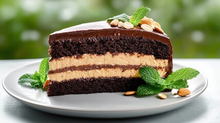 A sumptuous slice of Swiss chocolate cake layered with creamy ganache, garnished with fresh mint leaves and almonds, beautifully presented on a sleek plate against a soft-focus backdrop,