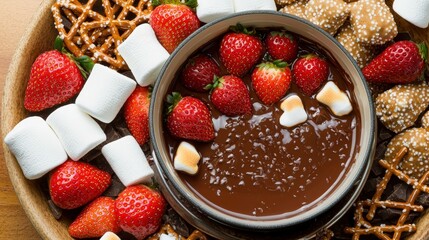 An artistic shot of chocolate fondue in a traditional pot, surrounded by an array of dipping options, such as strawberries, pretzels, and marshmallows, captured in a cozy setting to evoke warmth and
