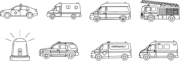 Hand drawn vector illustration set of cars trucks and tools showing transportation vehicles icons and symbols for auto travel delivery and traffic design © RJ - Creativity