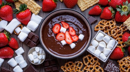 An artistic shot of chocolate fondue in a traditional pot, surrounded by an array of dipping options, such as strawberries, pretzels, and marshmallows, captured in a cozy setting to evoke warmth and