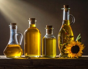 A still life of oil bottles and a sunflower on a wooden table
