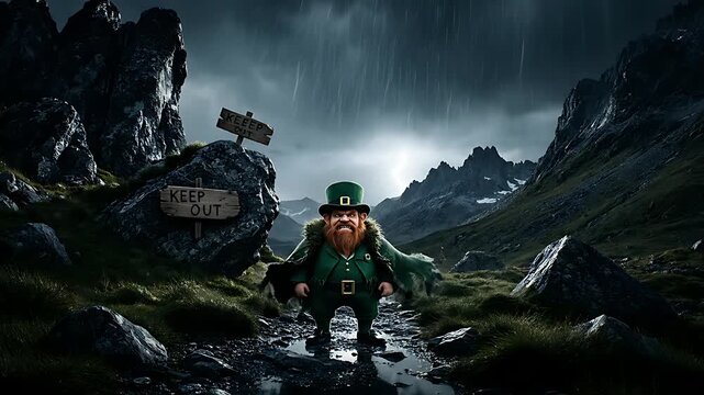 Fierce bearded leprechaun character wearing a green top hat and matching coat stands resolutely near warning signs in a dramatic, moody mountain landscape under stormy skies.