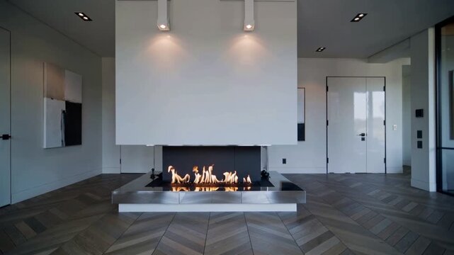 Modern living room interior with sleek fireplace and warm flames burning in a contemporary home