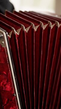 Close Up of Red Accordion Being Played, Music Instrument