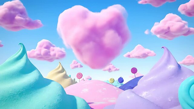 Whimsical dreamscape featuring soft pastel mountains and vibrant lollipop treats under a sky with a central heart-shaped pink cloud formation.
