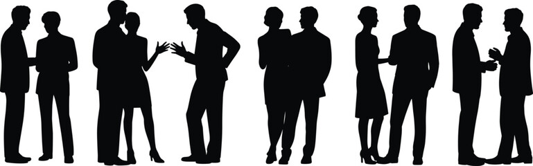 Silhouettes of business people talking and interacting in various poses, isolated on white background, representing communication, collaboration, networking, and corporate social interaction concepts
