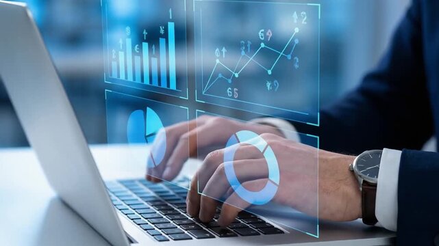 Business and technology Data analyst working on business analytics dashboard with charts, metrics and KPI to analyze performance and create insight reports for operations management. bigdata