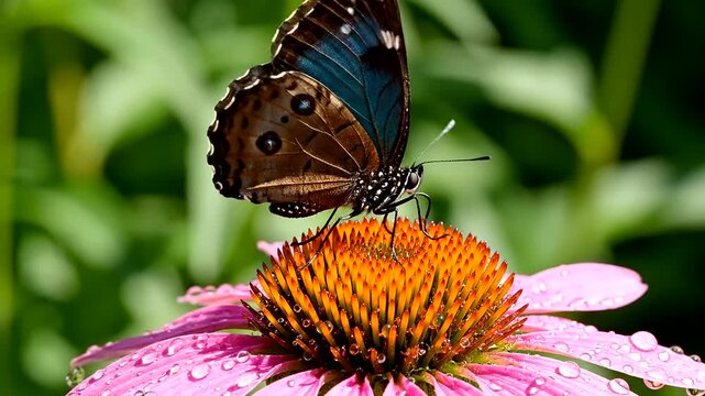 A close-up shot of a beautiful butterfly resting on a vibrant pink coneflower covered in morning dew