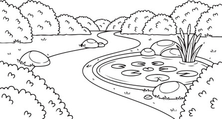 Fototapeta premium Charming black and white illustration of a serene pond surrounded by lush, stylized bushes and rocks, with a winding path, perfect for coloring. , Generative Ai