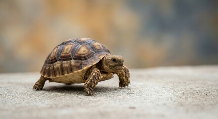 Fototapeta premium Juvenile Sulcata tortoise walking on concrete pathway in bright soft natural light outdoors, side view of African spurred tortoise with detailed shell scutes, nature and pet concept.