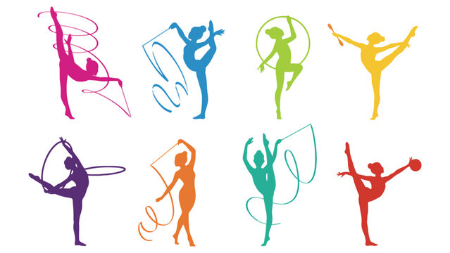 A colorful illustration of rhythmic gymnastics poses with ribbons and balls