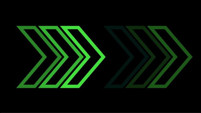 Green color light and moving of warning arrow stripes in graphic loop animation on black background, Caution and safety stripe warning, Right directional arrows indicating direction traffic