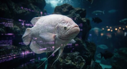 Large White Giant Gourami Fish Swimming Peacefully in a Dark Indoor Aquarium Tank with Blue Water and Rocky Background, Tropical Aquatic Life Concept, Cinematic Lighting with Reflections.