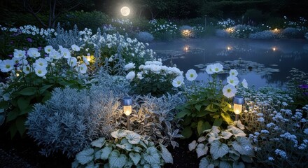 Obraz premium Illuminating nighttime garden scene features bright full moon above a misty pond surrounded by white blossoms