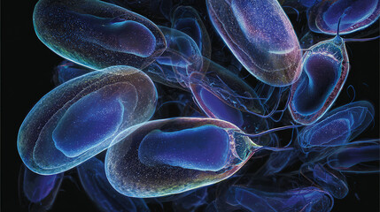 Surreal underwater scene with eerie blue-lit bacteria shapes, representing hidden dangers.
