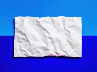 Obraz premium White Wrinkled Poster Paper Mockup on Two Tone Blue Background, Realistic Creased Sheet Texture for Advertising Banner Design Template with Copy Space
