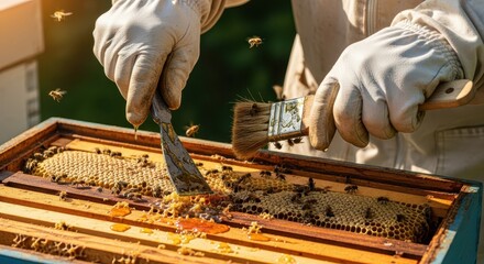 Beekeeper carefully handles a frame covered in honeycomb and working insects inside a hive structure