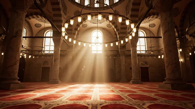 Majestic interior view of a grand mosque featuring tall columns, ornate ceilings, and dramatic sun rays piercing through a central window illuminating the prayer hall.