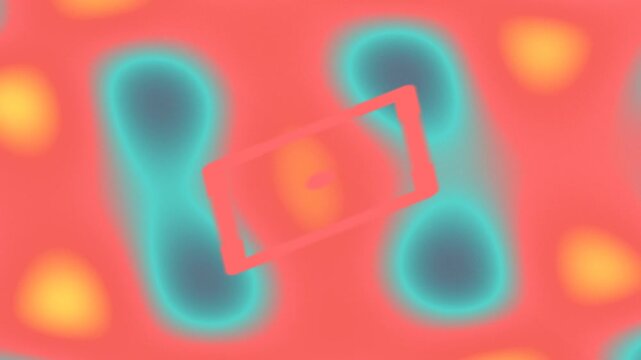 Blurry abstract image with a soft gradient of red, turquoise, and yellow with a faint square