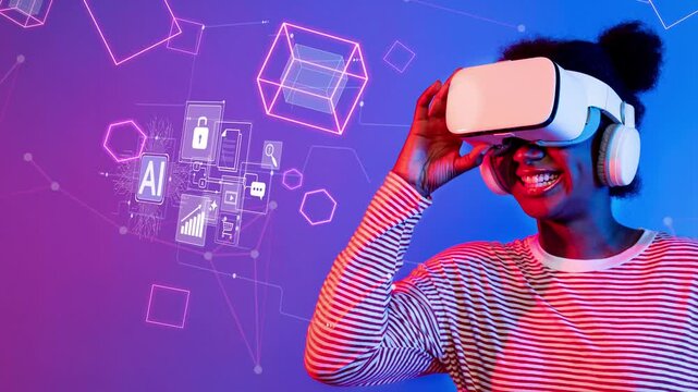 Smiling woman experiencing virtual reality technology with digital symbols representing innovation, AI, and connectivity against a vibrant blue background Gluon.