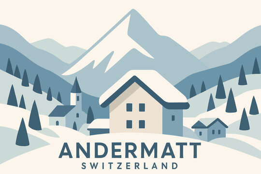 Andermatt Switzerland Alpine Village Scenic Mountains Winter Travel Clean Modern Minimal Illustration Concept Design