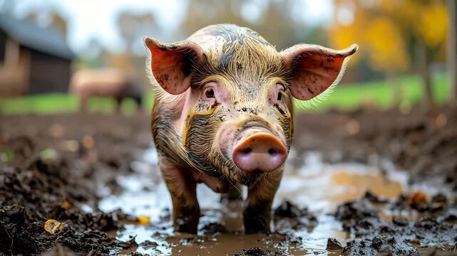 A cute muddy pig standing on a rural farm path, looking directly at the camera with a curious expression, representing livestock farming, animal welfare, countryside life, and sustainable agriculture