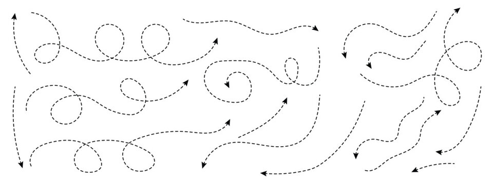 Hand drawn arrow vector set with dotted lines and curves for infographic design. arrow dashed doodle curve.