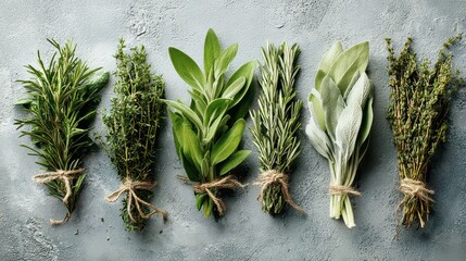 Assorted Fresh Herbs Thyme Rosemary Sage Bundles on Textured Gray Background Top View Studio Shot with Bright Lighting