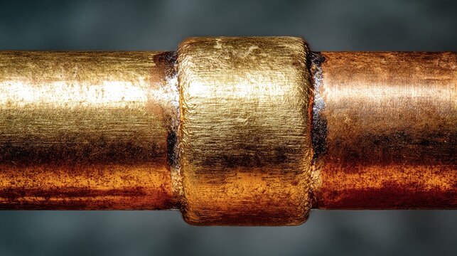 flippant. Close-up of a shiny brass joint connecting two copper pipes. safety posters, maintenance manuals, designed for industrial assembly lines and welding operations, used by engineers.