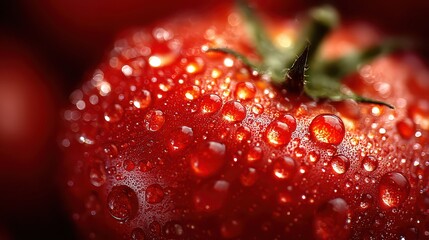 Close Up of a Fresh Red Tomato Covered in Water Droplets in Sunlight