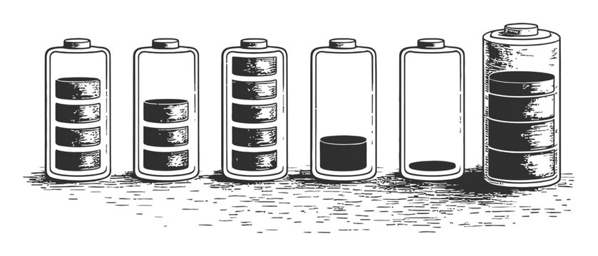 A row of six batteries showing different levels of charge, from full to empty