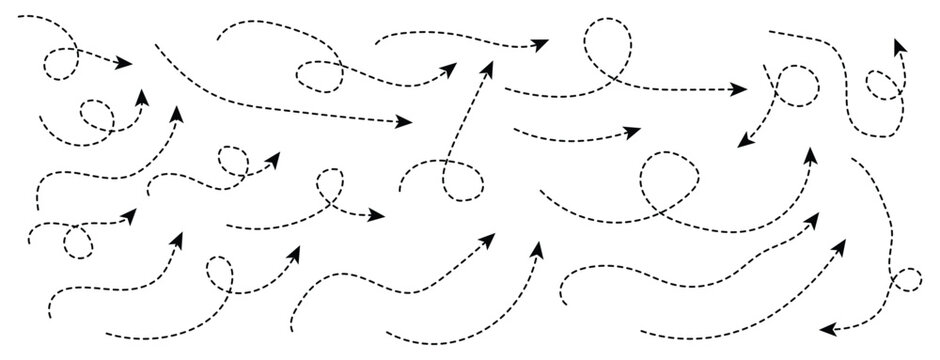 Hand drawn dot arrow vector set. Hand drawn line doodle arrow, curve arrow icon vector set. Zigzag arrow stripes design with dotted lines.