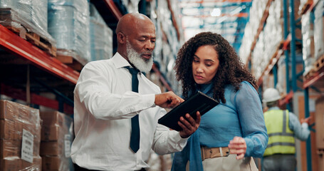 Logistics, manager and people with tablet, scroll or checking stock distribution schedule on...