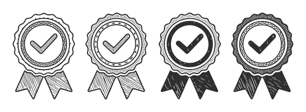 Four Hand-Drawn Checkmark Badges with Ribbons
