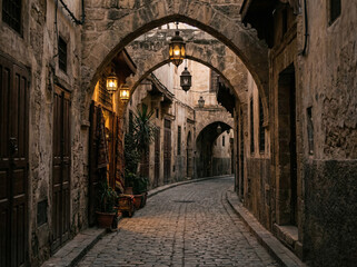 Fototapeta premium Ancient stone archway passage night lights Middle Eastern old city Ramadan Islamic architecture