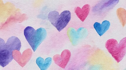 Colorful Heart Pattern Background with Watercolor Texture in Purple Pink Blue and Orange with Artistic Grain Effects for Valentine's Day and Romantic Theme