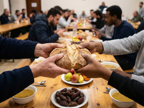 Family Iftar meal breaking fast together during Ramadan dinner table Islamic tradition celebration