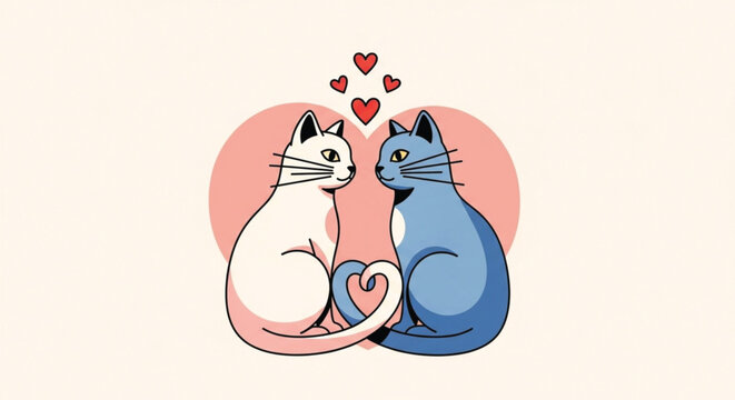 Romantic Couple Cats Forming Heart Tail Valentine Love Illustration