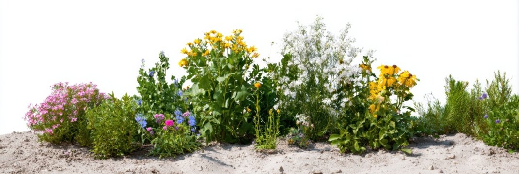 Foreground Garden Plants and Flowers arranged in a blooming flowerbed for landscape design mockup and architectural visualization isolated on white background
