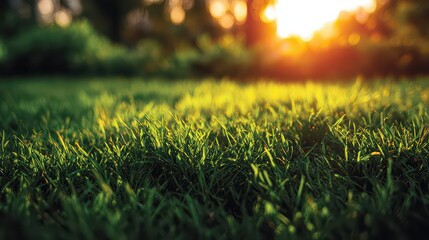 Closeup View of Lush Green Grass Lit by Golden Sunset with Blurred Trees and Warm Light Creating a Peaceful and Natural Scene