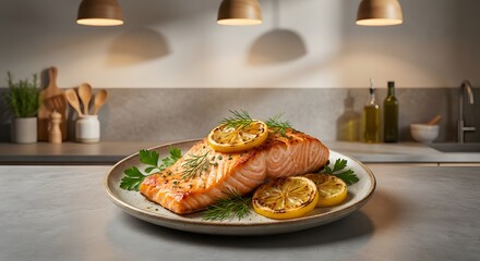 Perfectly grilled salmon fillet garnished with charred lemon slices and fresh dill, served on a rustic plate in a modern kitchen setting. High-protein healthy meal.