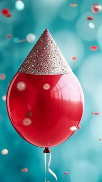 Red birthday balloon wearing cone carnival hat for celebration with confetti on the blue background