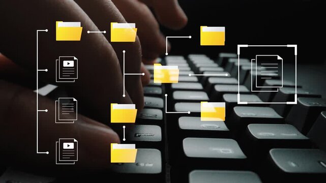 Hands Typing on Keyboard with Digital Files and Folders Represented in a Conceptual Workflow for Organization and File Management Gluon.
