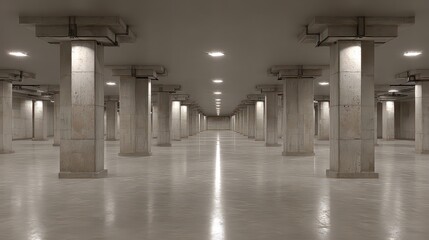 Dimly Lit Concrete Pillars and Reflections on Polished Floor in an Underground Parking Garage Perspective View