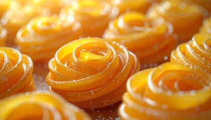 Close-up of intricately arranged, golden-hued pasta resembling roses, dusted with light