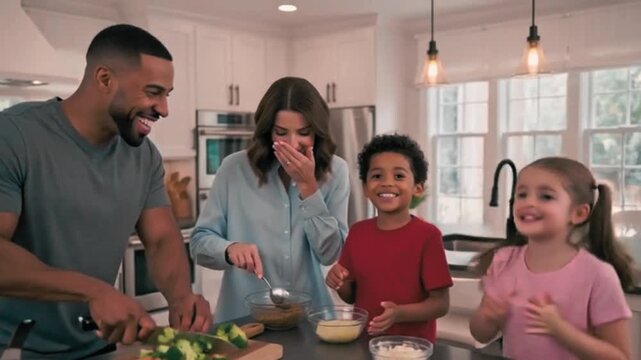 family laughing and cooking healthy dinner together in a modern kitchen. video
