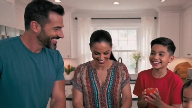 family laughing and cooking healthy dinner together in a modern kitchen. video