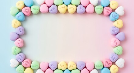 Obraz premium Colorful Conversation Heart Candies Forming a Square Frame on Pastel Background